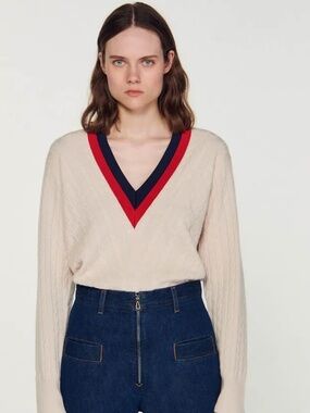 Sandro Cable Knit Sweater in ivory